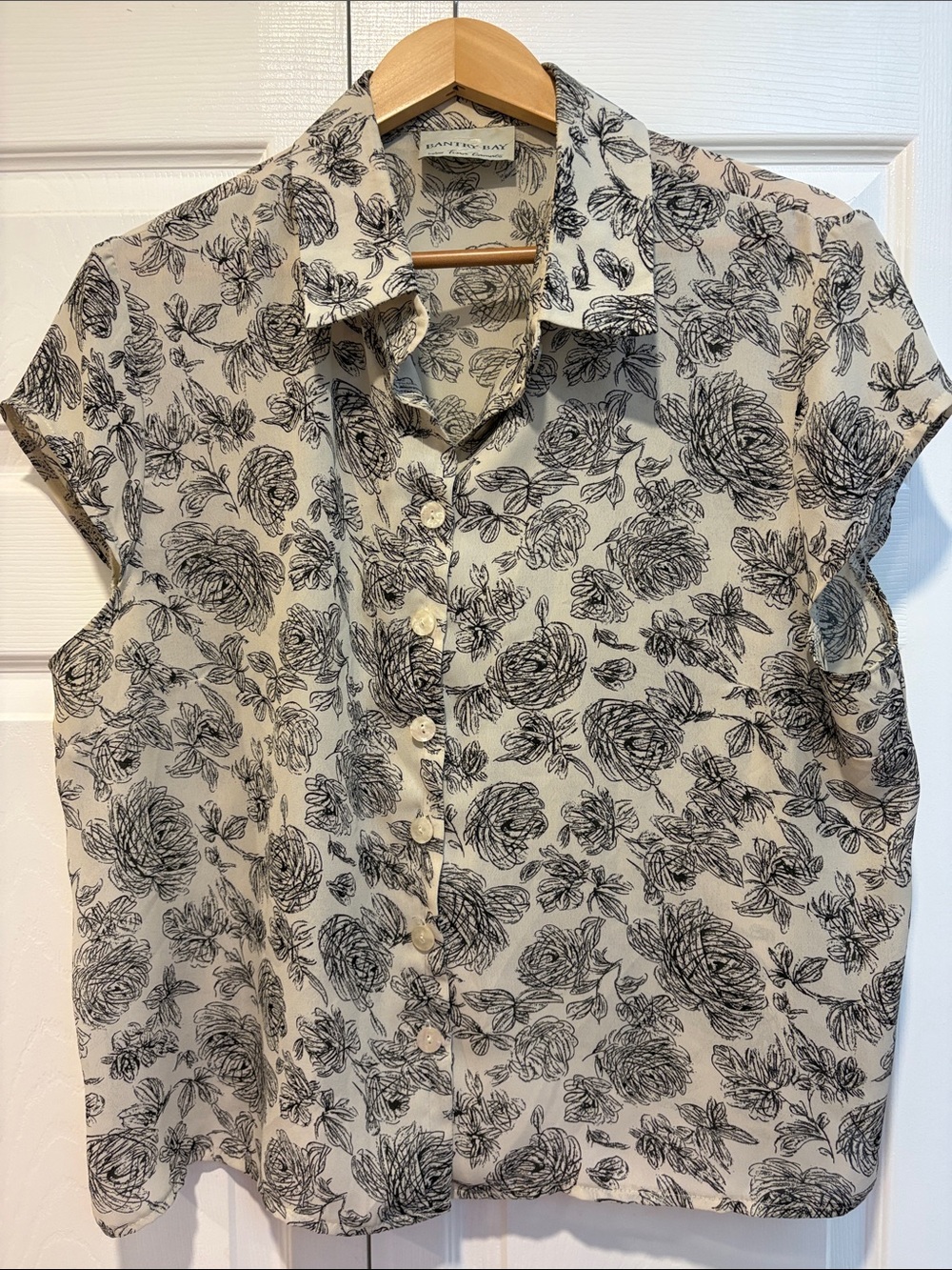 1980-90s Vintage Bantry Bay Cream Button-Down Top with Black Floral Print